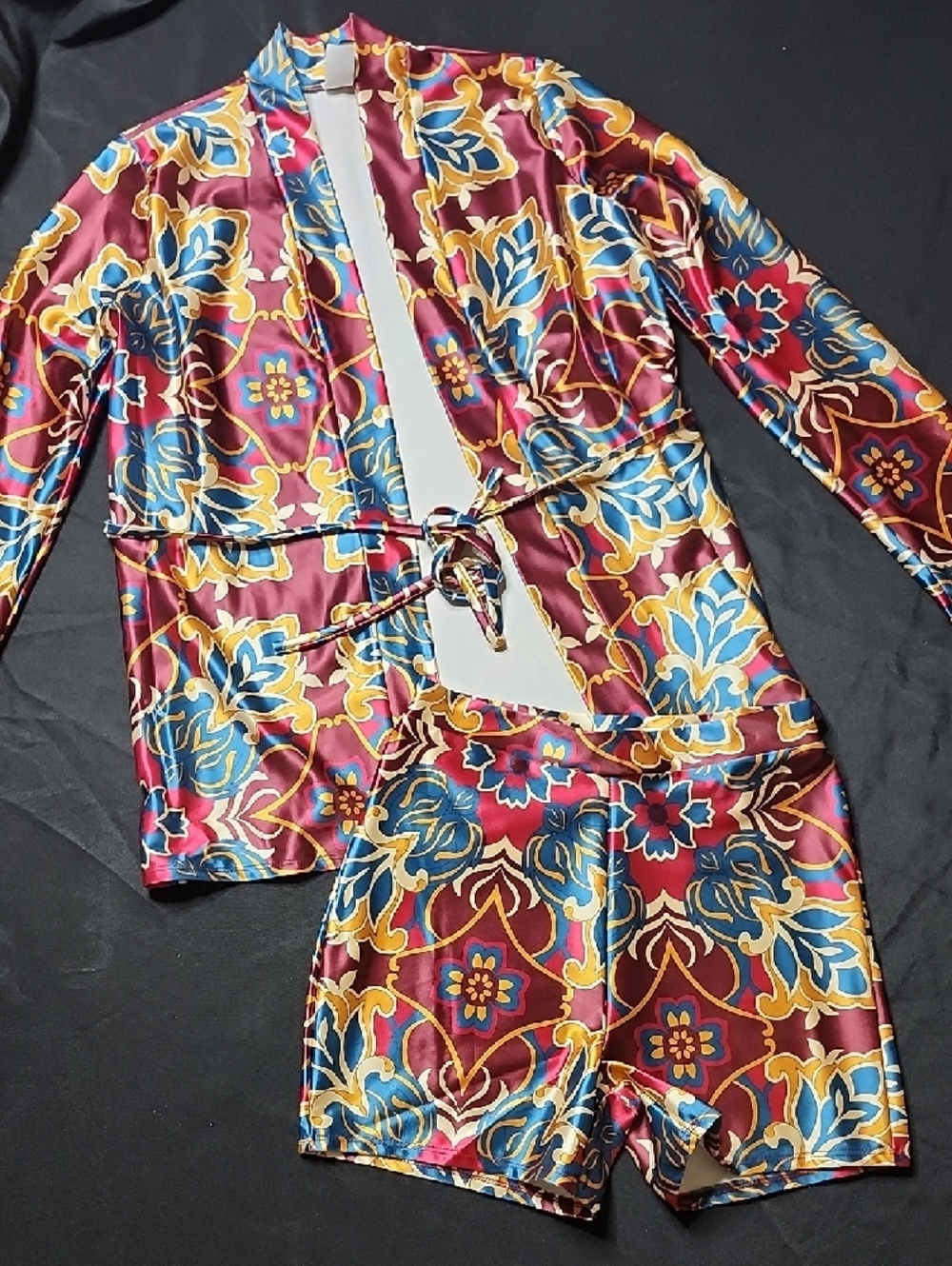 UpTown Women's Burgundy Floral Satin Short Set with Drawstring Waist - Picture 8 of 10